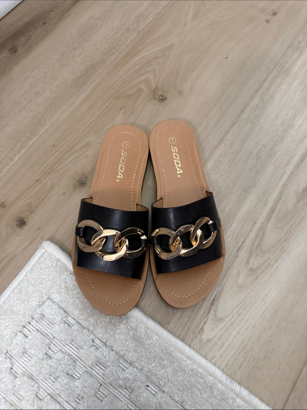 Soda Black Slide Sandals with Gold Link Detail